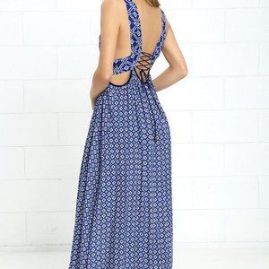 LULUS Coastal Composure Blue Print Maxi Dress XS